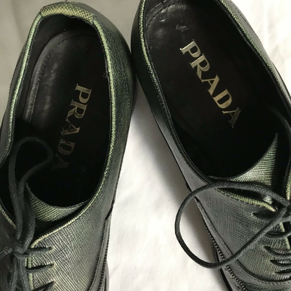 PRADA Olive Grained Leather Oxford Shoes Mens 6/ W